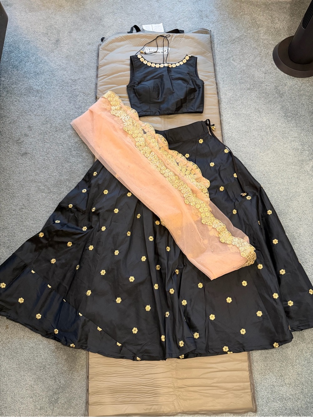 Black & Peach Embroidered Floral Lehenga with Black Top